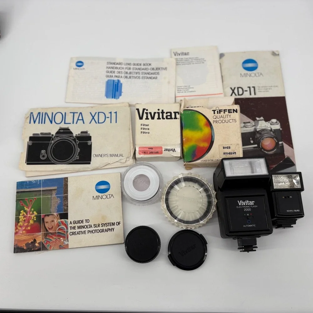 Vintage Minolta XD 11 Sears KSX 35mm Camera Lot Untested‎ Vivitar Lens Flash Kit